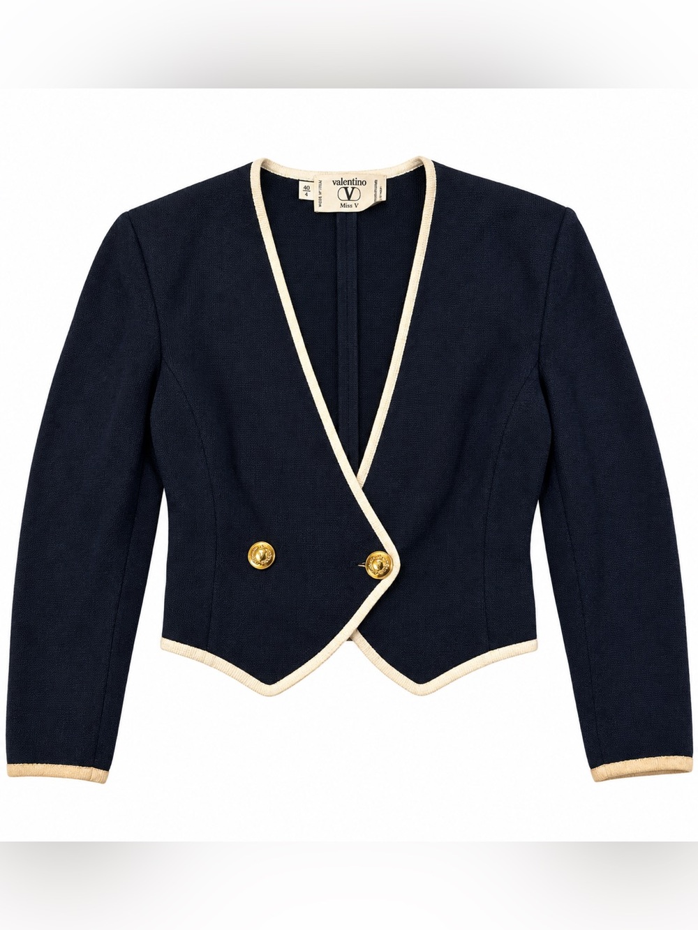 Vintage Valentino Miss V Wool Jacket Women 40 Navy Gold V Buttons Made Italy
